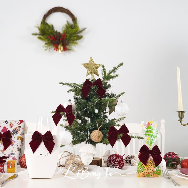 LiBongTa 3.5" Maroon Bows Velvet Ribbon Bow with Self Adhesive, Small Gift Bows Decor, Dark Red Christmas Bows for Treat Bags, Candy Pop, Basket, Party Favor, Craft Bow for Gift Wrapping-24 PCs - Image 4